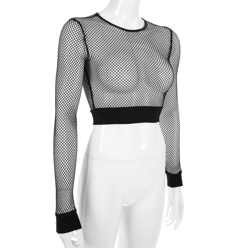 Sexy Black Hollow Out Mesh T-Shirt Female Skinny Crop Top 2024 New Fashion Summer Basic Tops For Women Fishnet Shirt
