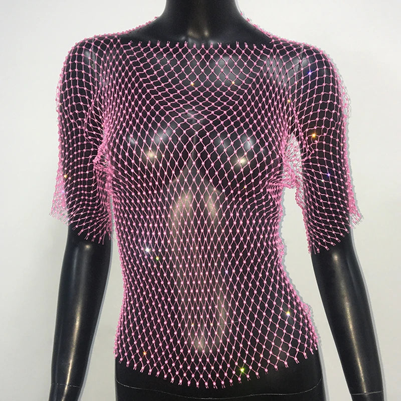 Sexy New Mesh Rhinestone Long Sleeve T Shirt Women Hollow See-through Fishnet Tops Summer Casual Shirt Party Club Women Clothing