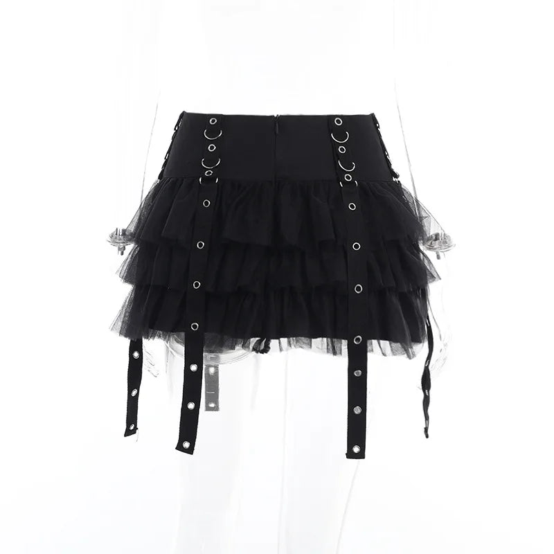 Black Women Punk High Waisted Goth Skirt Sexy Pleated Mini Skirt with Chain E Girl Lace-Up Tie PU Leather Corset Y2K Crop Tops