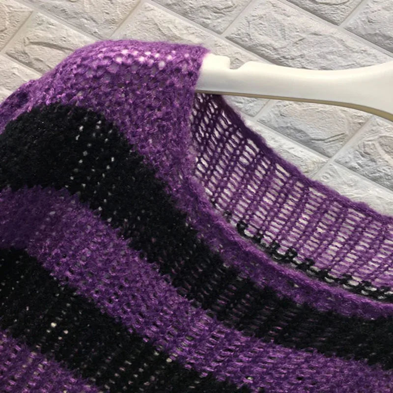 Distressed Oversized Striped Sweater Punk Grunge Knit Top