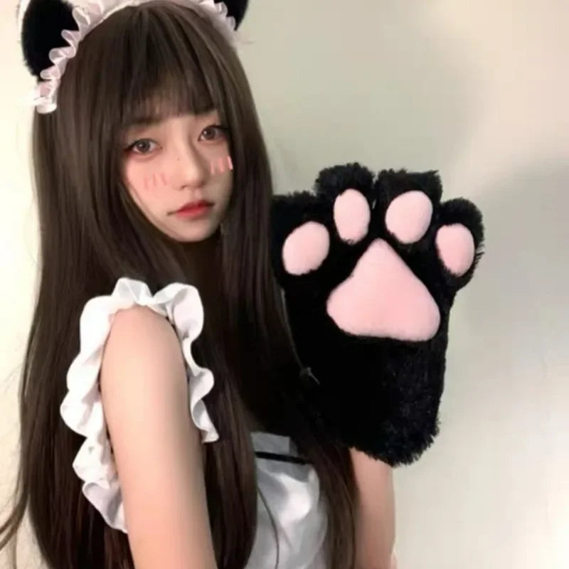 Cute Plush Cat Claw Gloves Large Size Women Halloween Christmas Party Cosplay Girls Winter Plush Fluffy Warm Full Finger Mitten