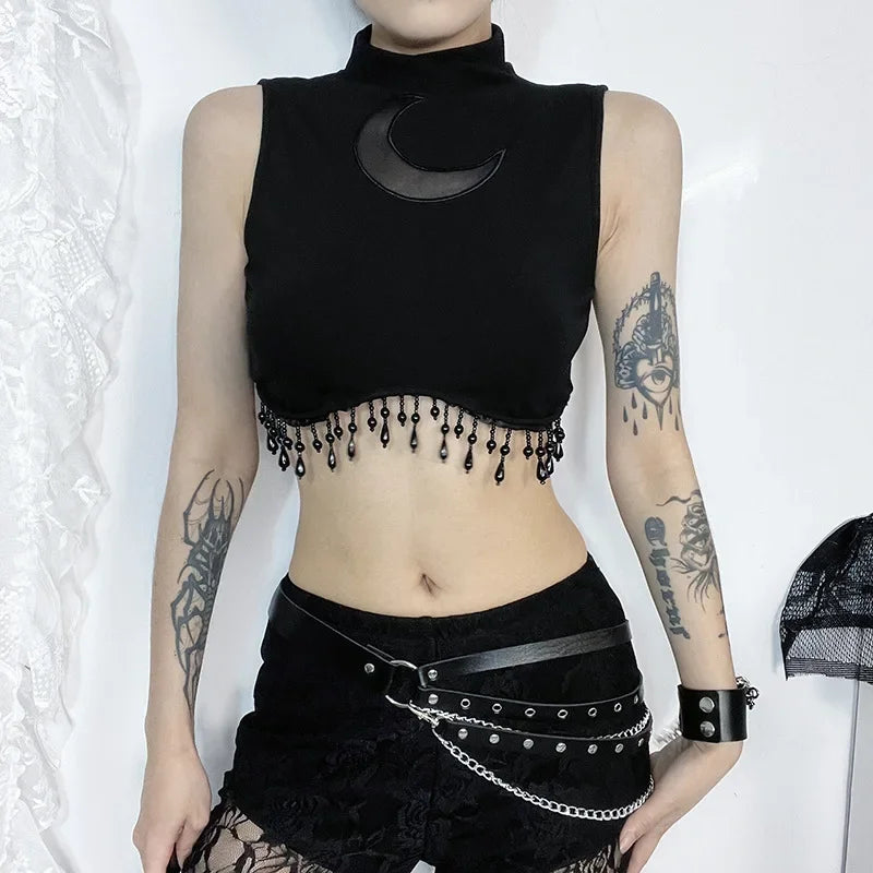 Goth Dark Cyber Y2K Skinny Turtleneck Tank Top Sexy Moon Chain Tassel Sleeveless Crop Tops Gothic Women Punk Streetwear Alt Vest