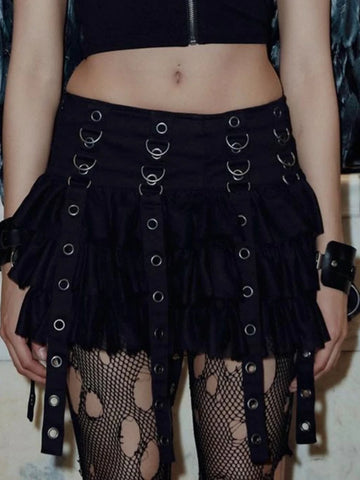 Goth Black Pleated Mini Skirt with Chain | High Waisted A-Line Skirt