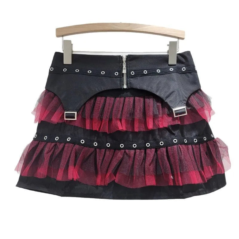 YEAE Ladies Diablo Spice Girl Corn Zipper Skirt Splicing Red Mesh Cake Skirt