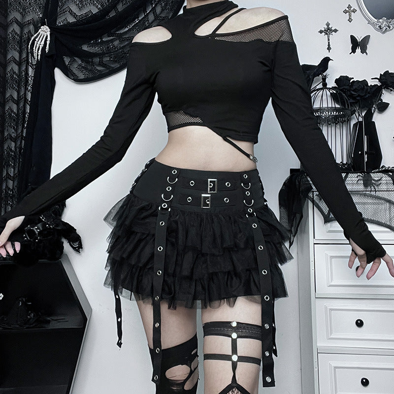 Black Women Punk High Waisted Goth Skirt Sexy Pleated Mini Skirt with Chain E Girl Lace-Up Tie PU Leather Corset Y2K Crop Tops