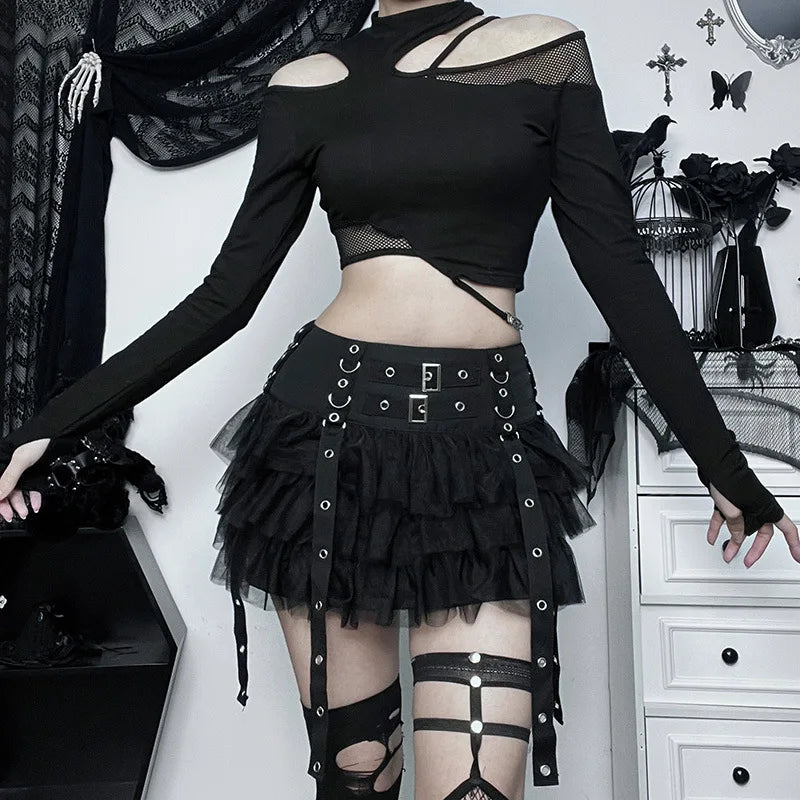 Black Women Punk High Waisted Goth Skirt Sexy Pleated Mini Skirt with Chain E Girl Lace-Up Tie PU Leather Corset Y2K Crop Tops
