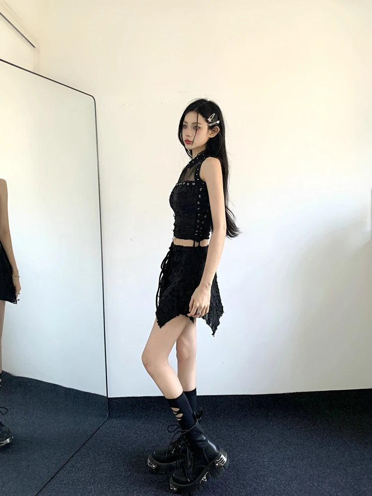 Gothic Y2k 2 Piece Set Hollow Out Lace Spliced Tank Crop Top Women Lace-up Waisted Irregular Mini Skirt 2025 Aesthetic Harajuku