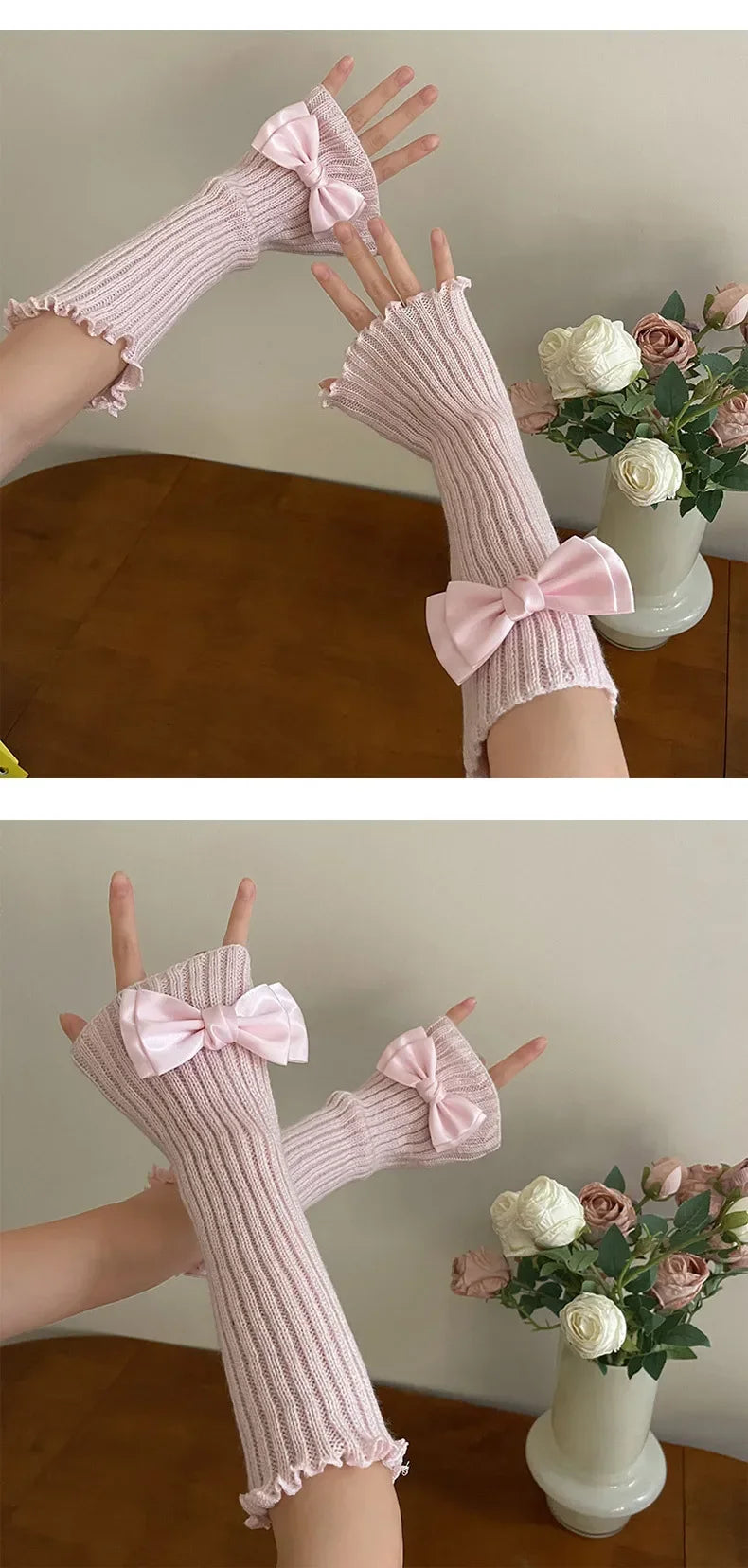 Women Knitted Bow Tie Fingerless Gloves Lolita Arm Sleeve Y2k Pink Girl Gothic Keep Wamrm Long Gloves Kawaii JK Accessories