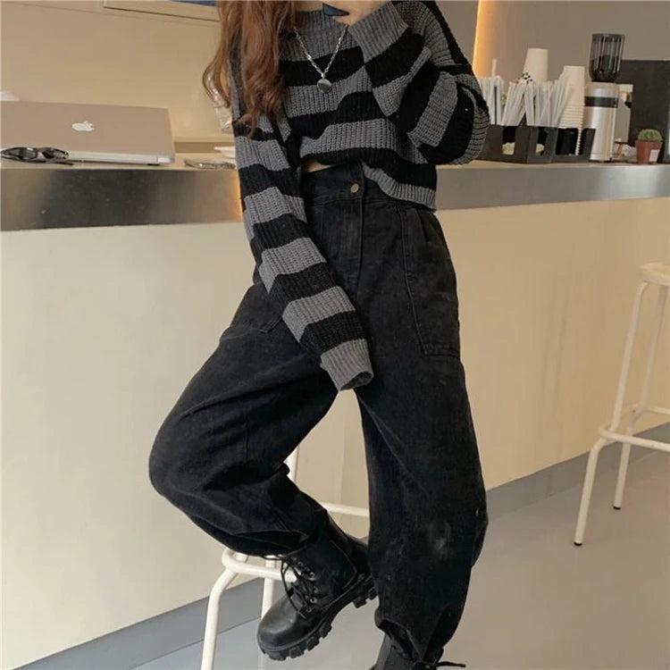 Black White Striped Cropped Sweater | Y2K Goth Knit Pullover