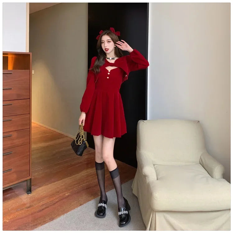 Red Christmas & New Year Princess Dress Set | Slimming 2-Piece