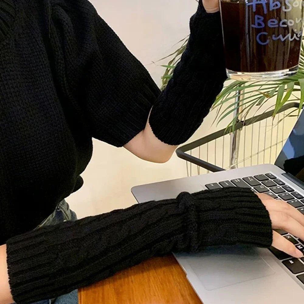 Y2K Knitted Striped Sleeves Gloves Autumn Winter Arm Warmer JK Long Fingerless Solid Colors Gloves Fashion Casual Girls Clothes