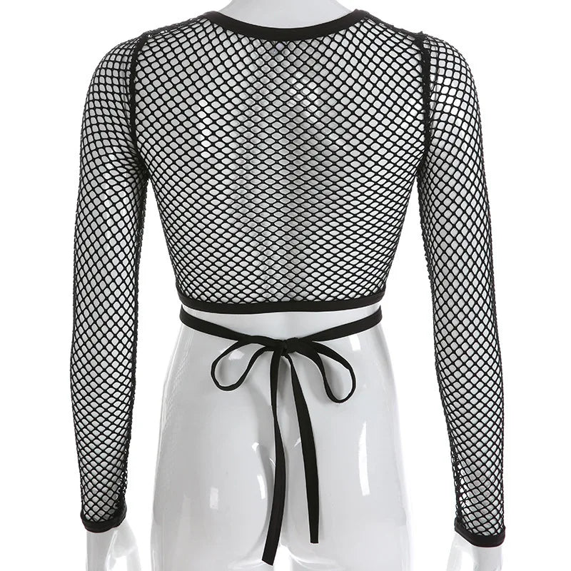 Women's Top with Mesh Mesh, Hollowed Out Straps, Exposed Navel, Round Neck, Long Sleeved Transparent Summer Sexy T-shirt