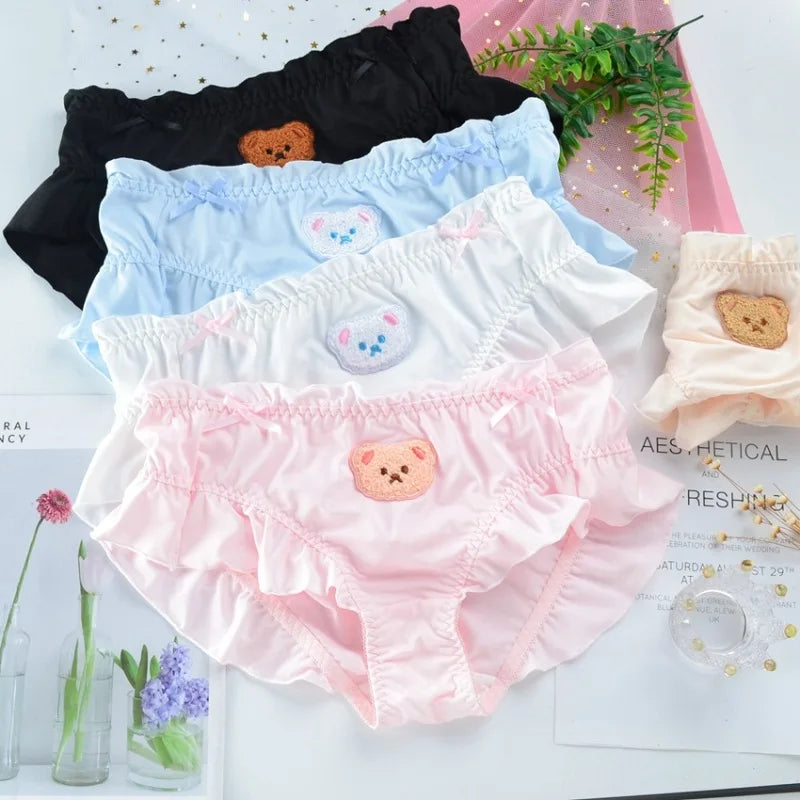 Cute Lovely Sweety Women Japanese Style Princess Lolita Bow Cartoon Bear Embroidery Milk Silk Panties  Underwear
