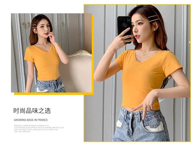 Summer Fashion Solid V Neck T Shirts Women Short Sleeve Sexy Crop Tops Ladies Casual Tees Top Tees Female Black Cotton T-Shirts