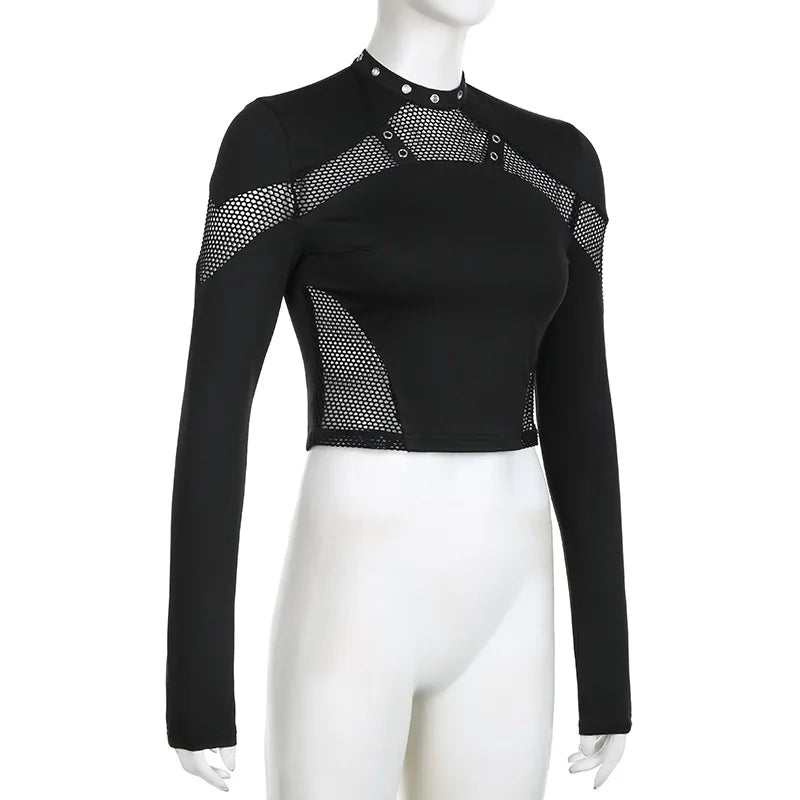 Goth Dark Techwear Cyber Gothic Fishnet Patches T-shirts Punk Grunge Hollow Out Skinny Crop Tops Black Eyelet Fashion Alt Clothe