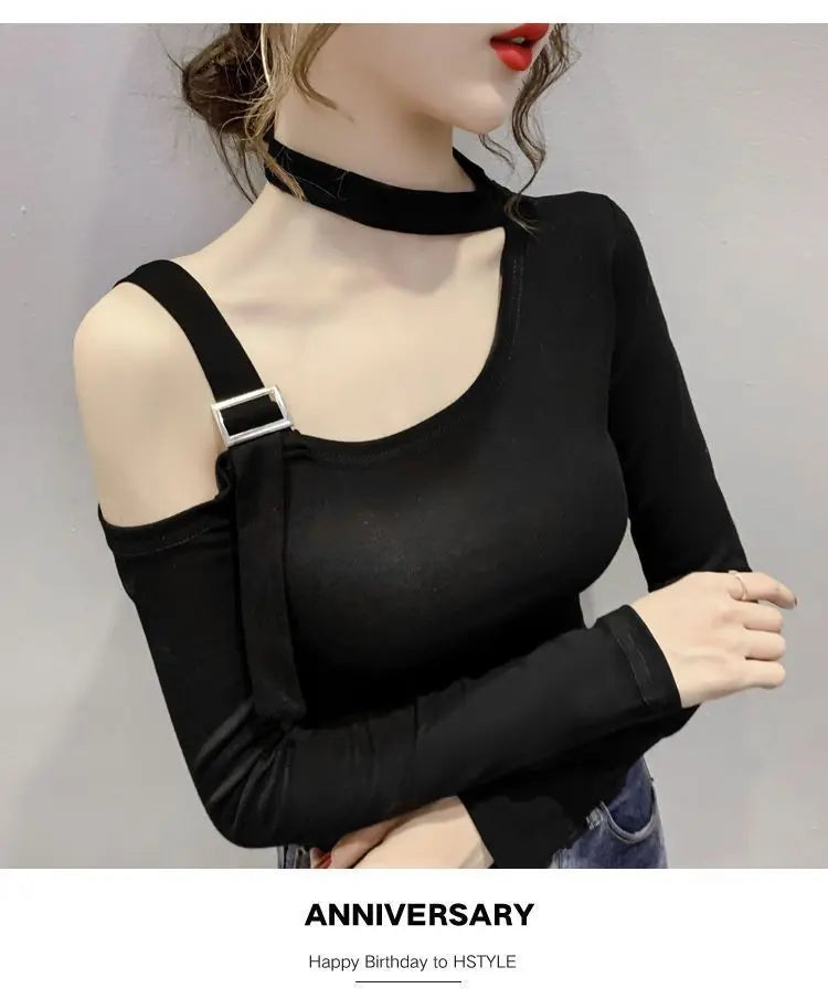 Chic Shoulder Bared Long Sleeve Base Shirt for Women Stylish Slim Fit Trendy Top Casual Loose Style Daily Wear Girl's Fashion