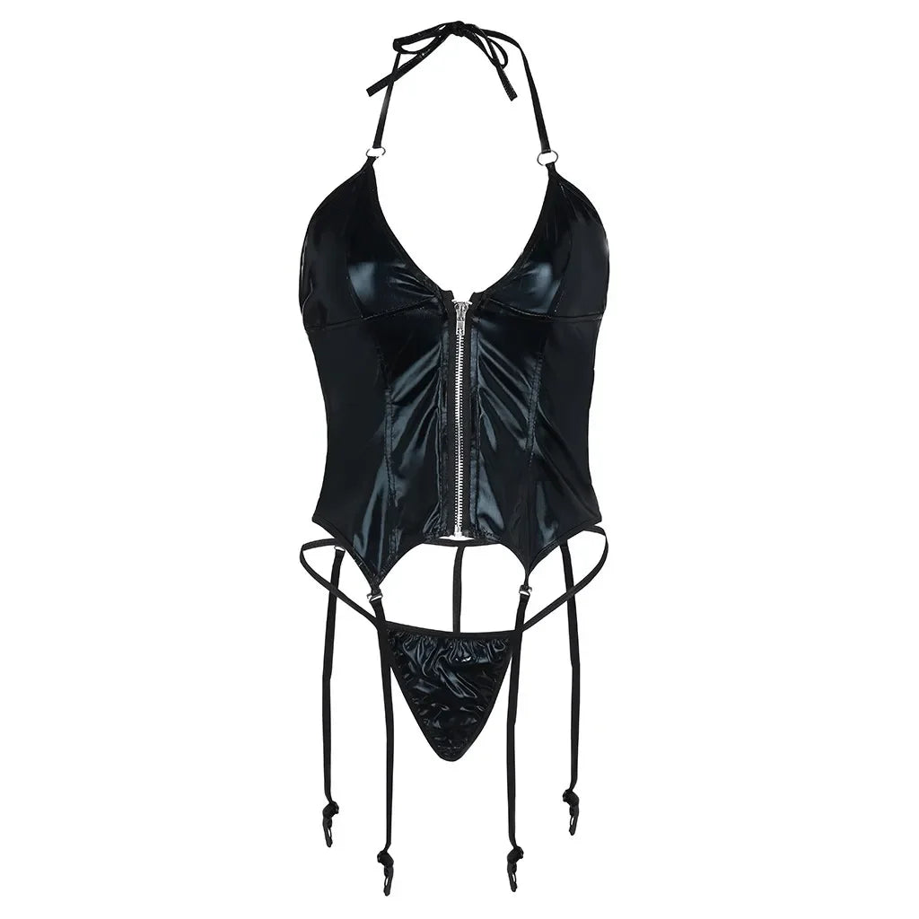 Erotic PU Leather Crotchless Halter Bodysuit & Garter Lingerie Set