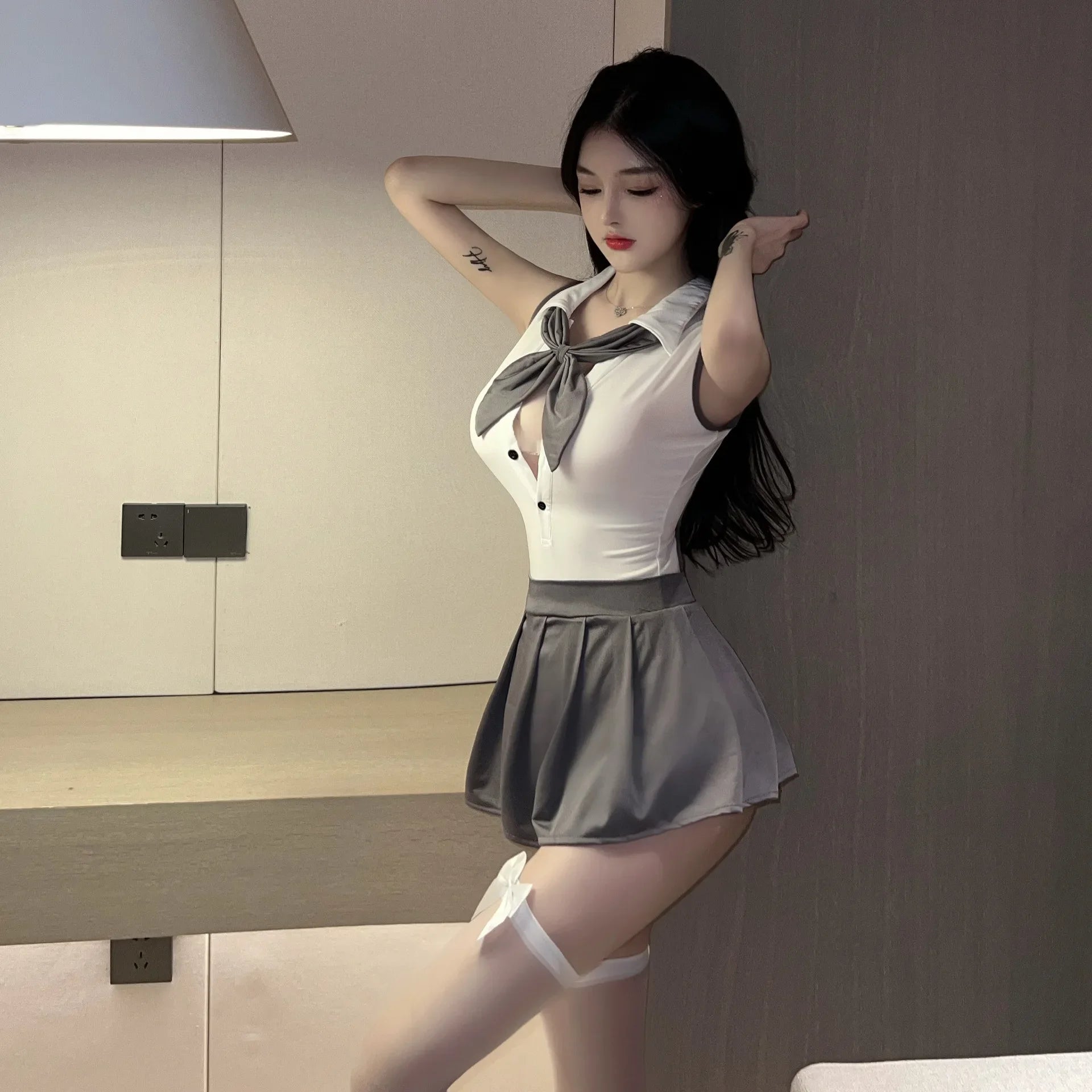 Seductive JK Student Lingerie: Backless Top & Pleated Skirt