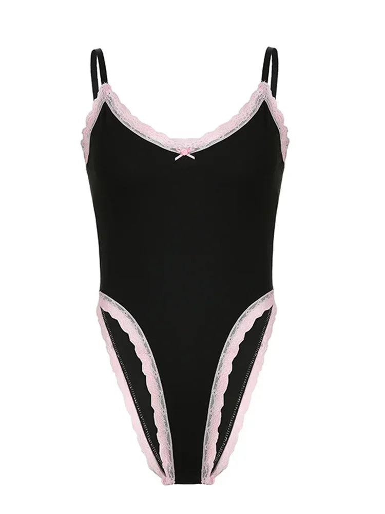 Lace Trim High-Cut Bodysuit | Chic Sleeveless Leotard for Women