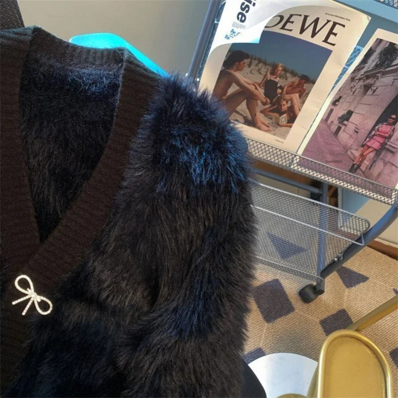 2026 Spring Autumn Women's Sweater Cardigan Jacket New Loose V-neck Imitation Mink Fur Sweater Jacket Female Knitted Tops Coat