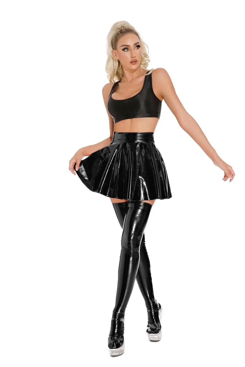 Sexy Women Oil Glossy Shiny Flared Pleated Skirt Wetlook Latex PU Faux Leather Ruffled MINI Skirt Club Stage Wear Dance Wear
