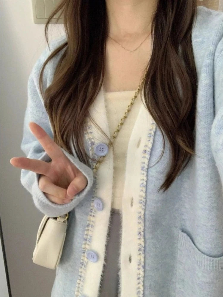 2025 Streetwear Patchwork Grunge Cardigan Women Single Breasted Loose Sweaters Knitted Y2k Aesthetic Contrast Color Pocket Coats