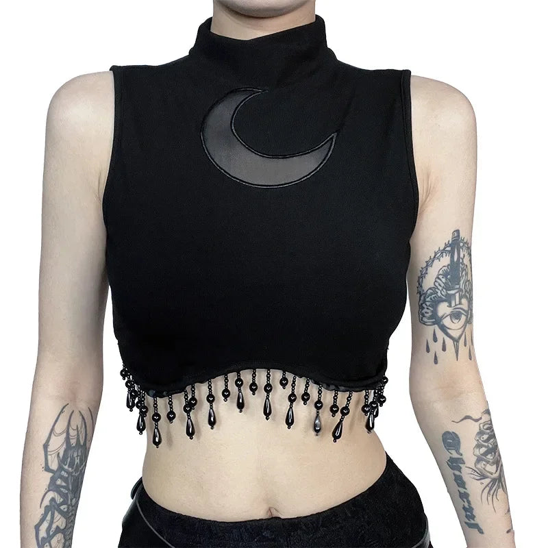 Goth Dark Cyber Y2K Skinny Turtleneck Tank Top Sexy Moon Chain Tassel Sleeveless Crop Tops Gothic Women Punk Streetwear Alt Vest