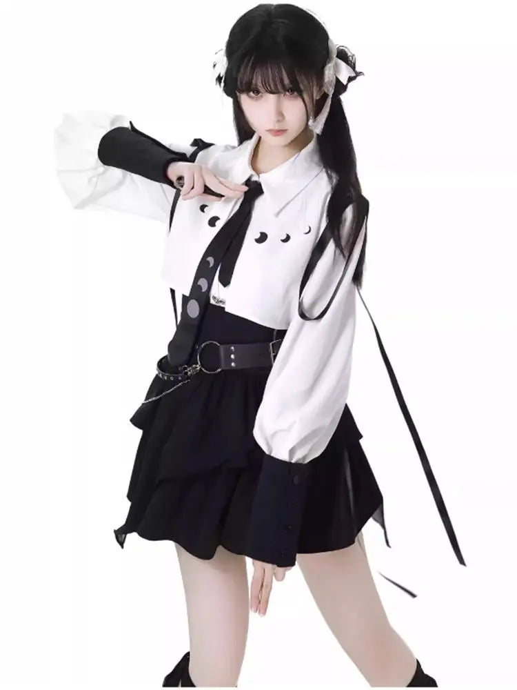 Y2k 3-Piece Skirt Set: Long Sleeve Top, A-Line Skirt & Cummerbund