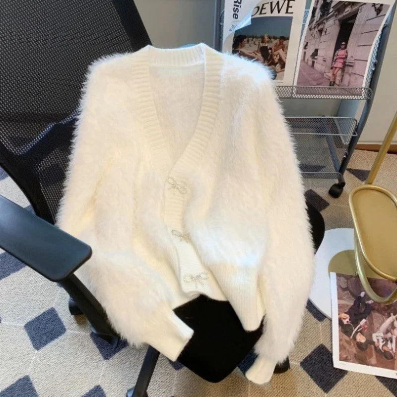 2026 Spring Autumn Women's Sweater Cardigan Jacket New Loose V-neck Imitation Mink Fur Sweater Jacket Female Knitted Tops Coat