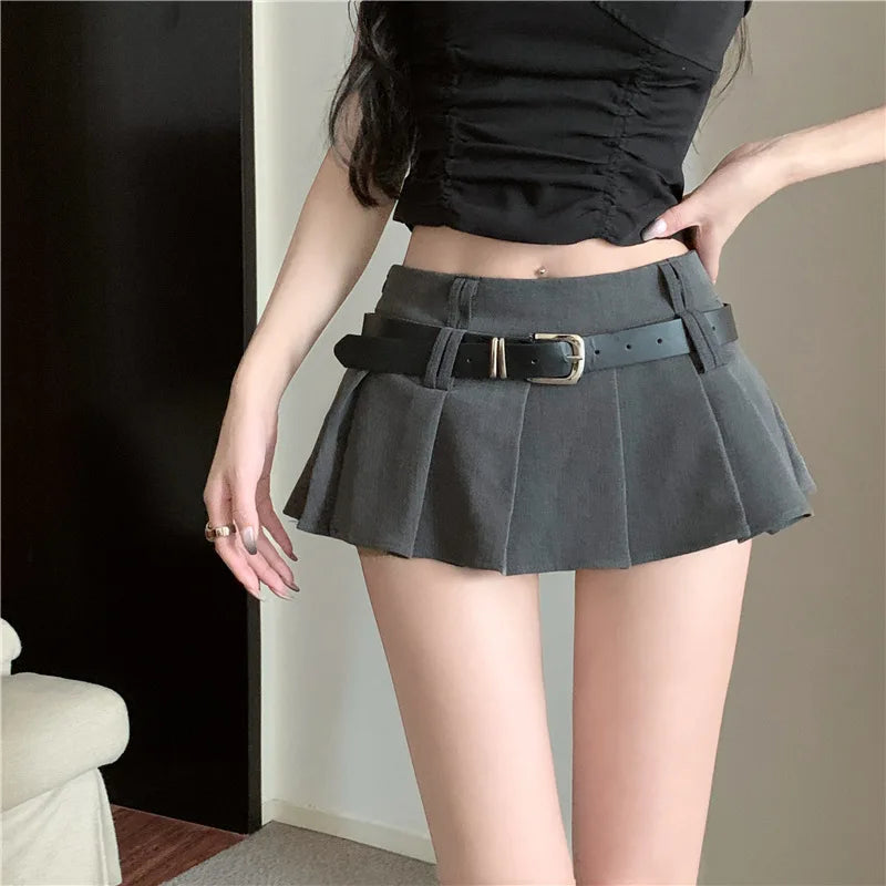 Women's Low Rise Pleated Mini Skirt Sexy A-Line Short Skirt with Belt and Built-In Shorts for Summer