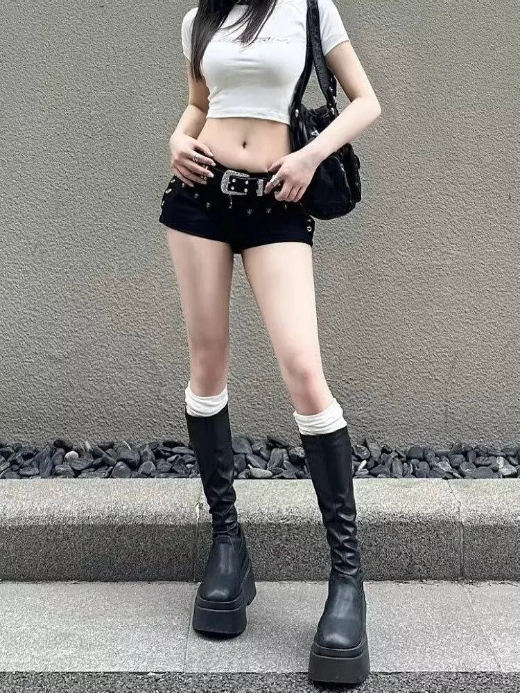 American Spice Girl Y2k Shorts Black 2025 Summer New Sexy Low Waist Hip Wrap Willow Nail Denim Super Shorts Women