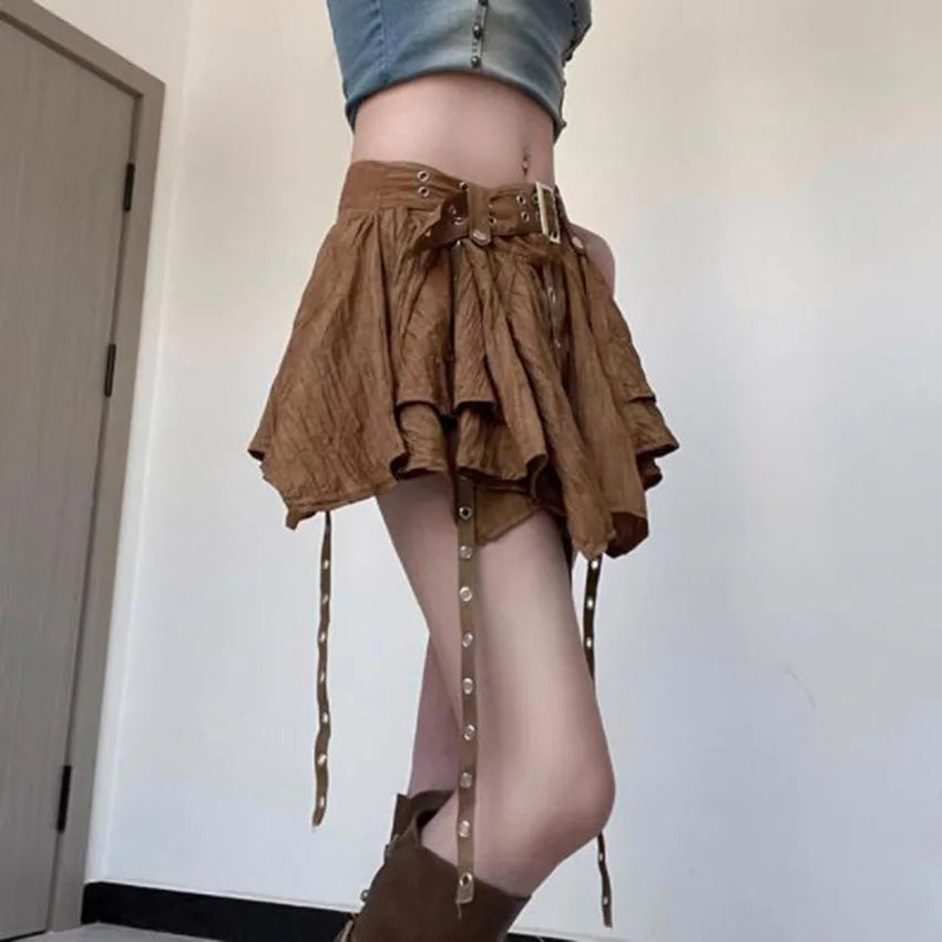 Y2K Grunge Asymmetrical Mini Skirt: Layered & Belted E-Girl Style