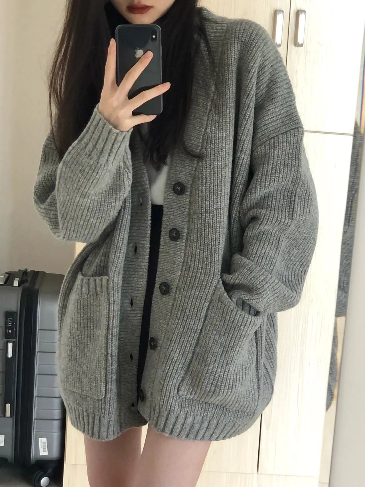 Gray Mid-Length Knitted Sweater Coat Women's Autumn Outerwear Japanese Lazy Vintage Milk System Soft Cozy Open Cardigan