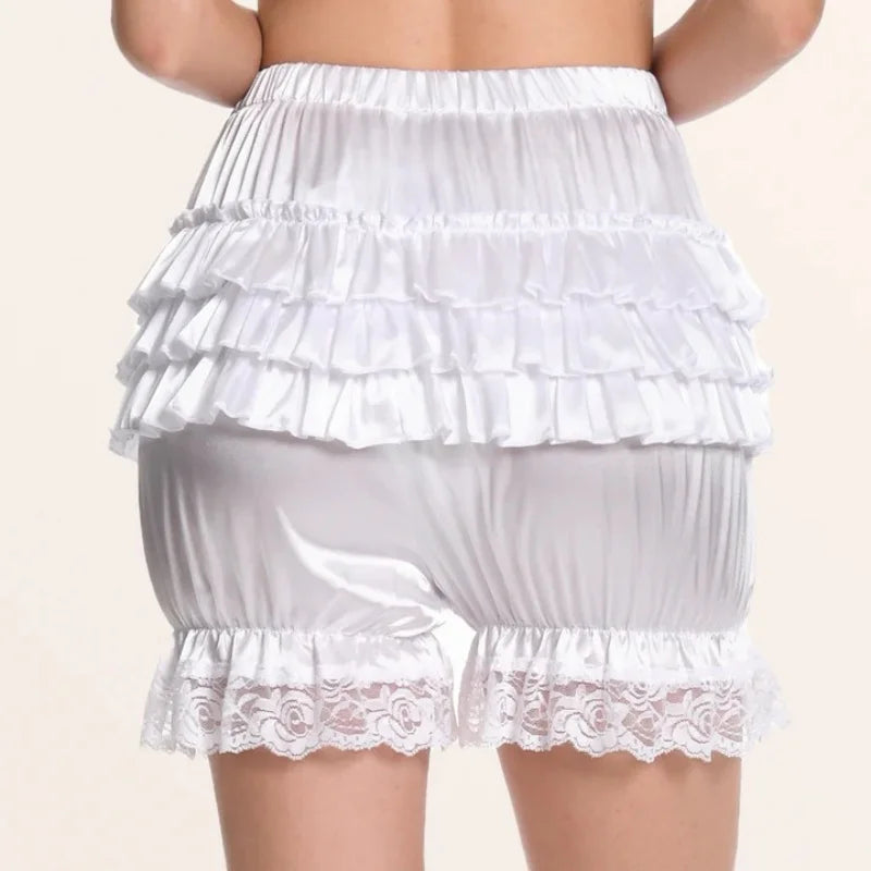 Satin Lace Ruffles Lolita Bloomers Shorts Pants Women Pink Tiered Kawaii Pumpkin Panties Y2k Vintage Victorian Bloomer