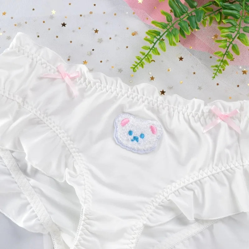 Cute Lovely Sweety Women Japanese Style Princess Lolita Bow Cartoon Bear Embroidery Milk Silk Panties  Underwear