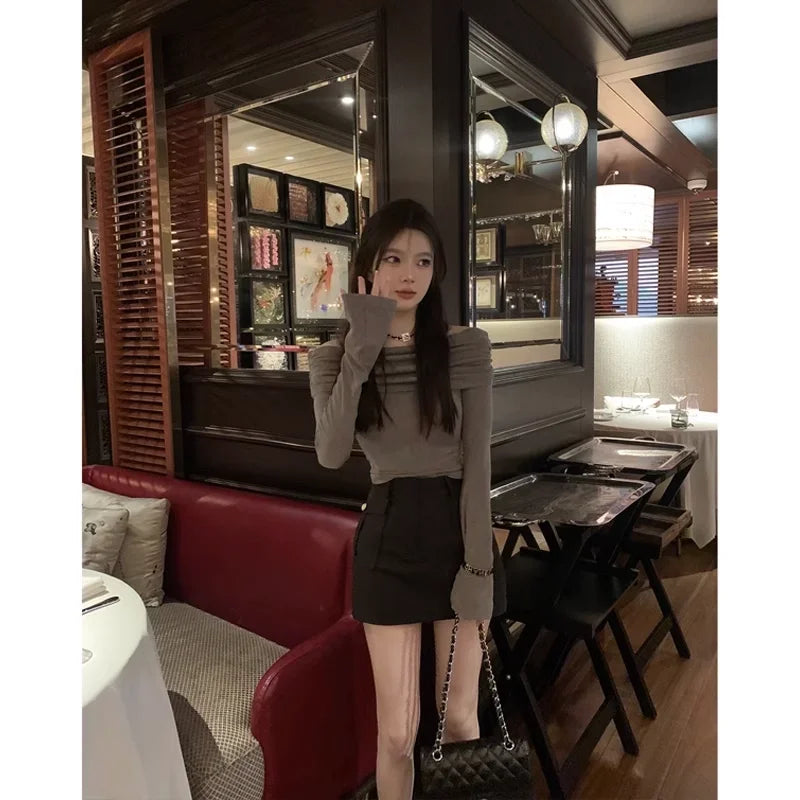 Black Shoulder-Bared Long Sleeve Knitted Sweater Women's Autumn New Style Slim Fit Inner Wear Base Top Korean Style Commute F...