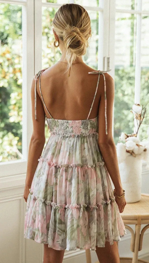 Vintage Floral Backless Mini Dress | Summer Spaghetti Strap