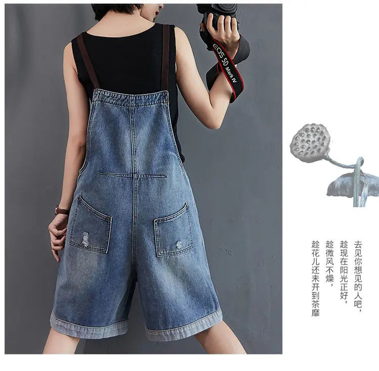 Cowboy Overalls Women's Jumpsuit Shorts 2025 Summer New Student Korean version Loose Denim Wide leg one-piece Suspender Shorts