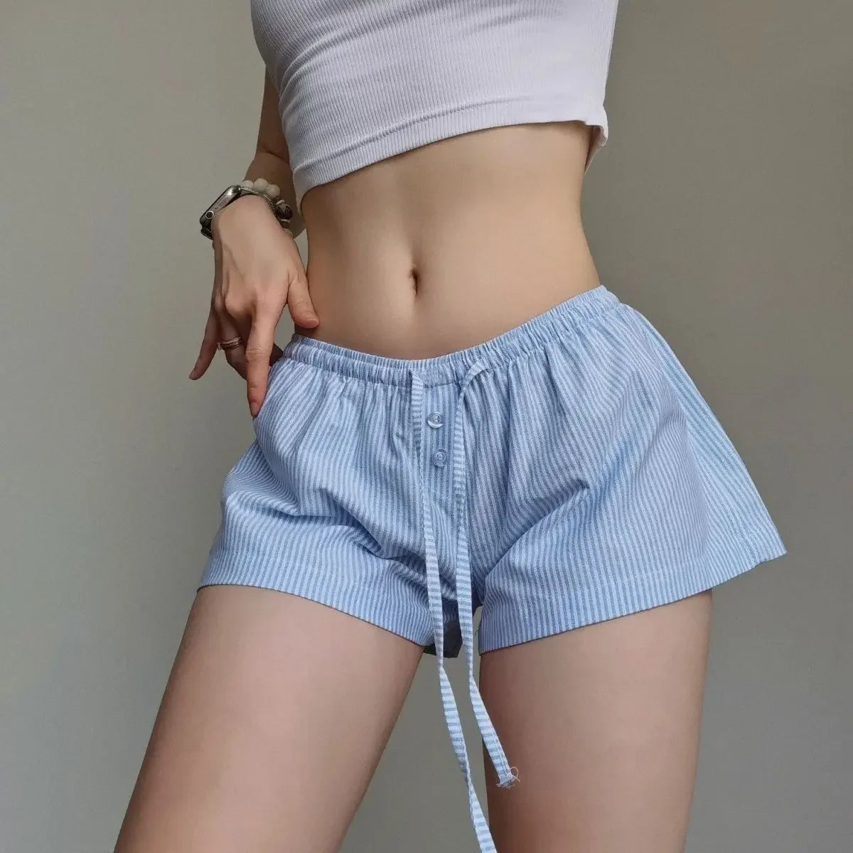 Striped Lace-up Cotton Shorts Woman Summer Elastic Waist Straigt Short Pant Casual Vintage Sweet Cute Home Pants Home shorts