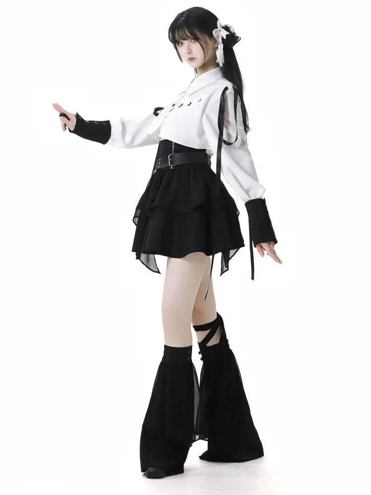Y2k 3-Piece Skirt Set: Long Sleeve Top, A-Line Skirt & Cummerbund