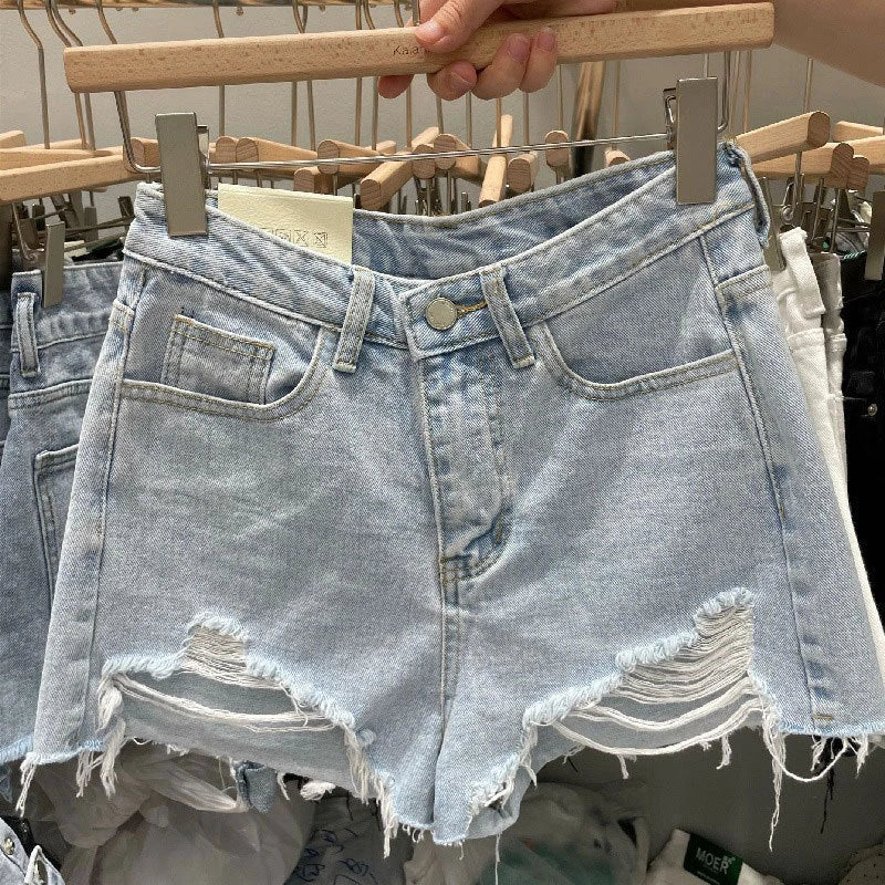 High Waisted Ripped Denim Shorts Button Fly Raw Edge Summer