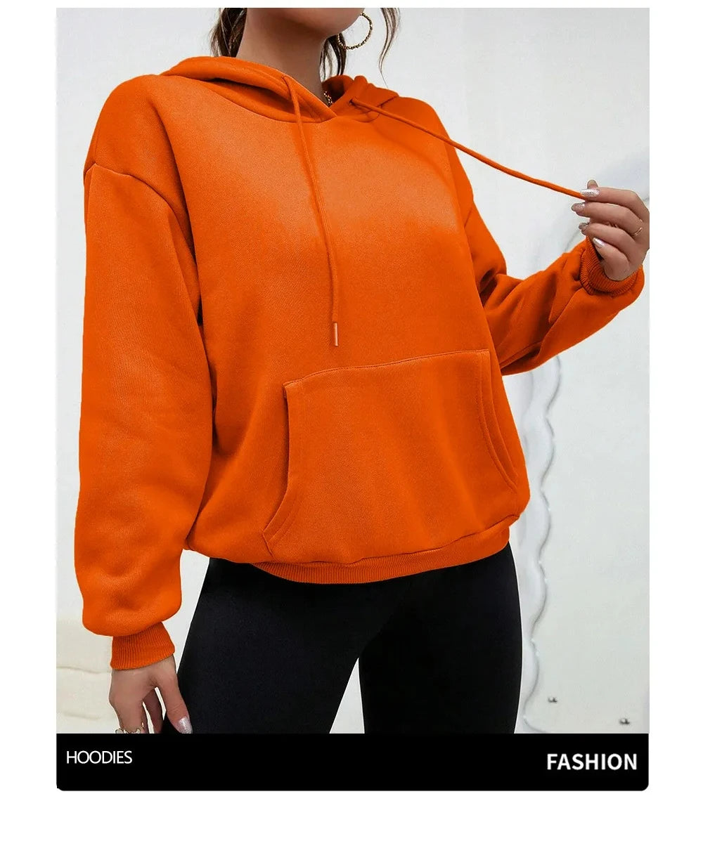 Autumn Casual Women's Solid Hoodie Comfortable Strecth Sweatshirts Loose Pocket Warm Clothes Fashion Street Female Pullovers