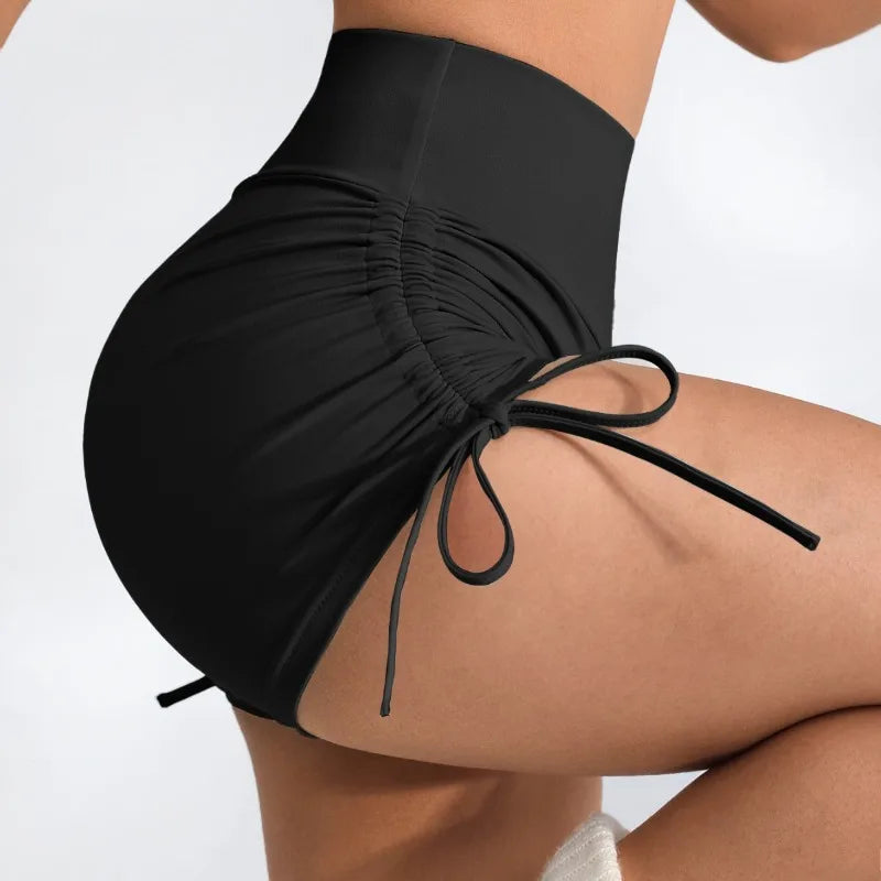 High-Waisted Ruched Yoga Shorts - Tie Detail Gym & Running