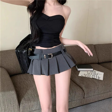 Pleated Mini Skirt with Shorts & Belt