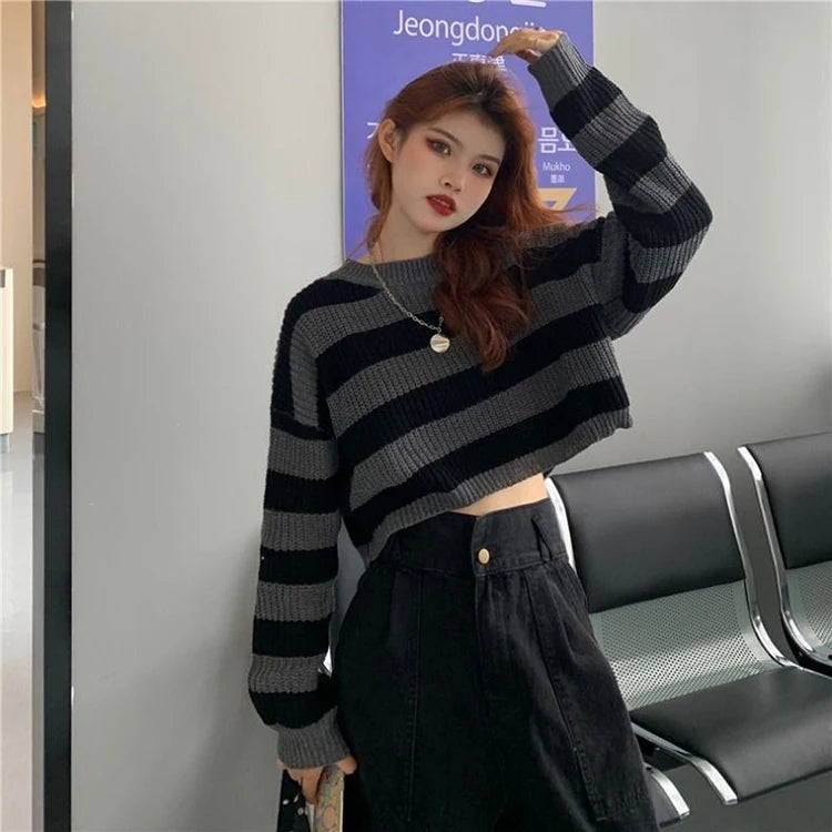 Black White Striped Cropped Sweater | Y2K Goth Knit Pullover