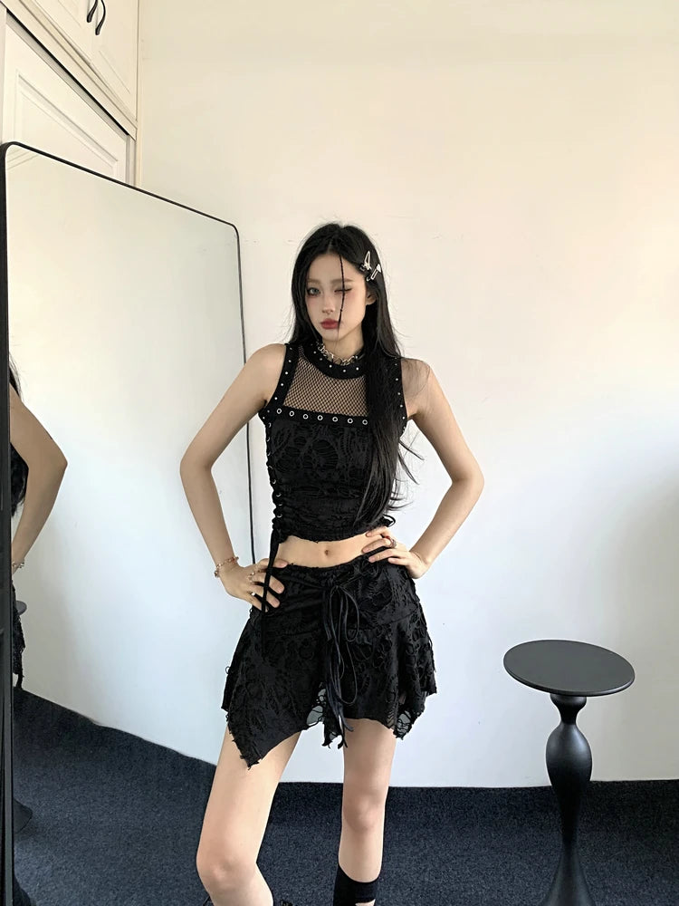Gothic Y2k 2 Piece Set Hollow Out Lace Spliced Tank Crop Top Women Lace-up Waisted Irregular Mini Skirt 2025 Aesthetic Harajuku
