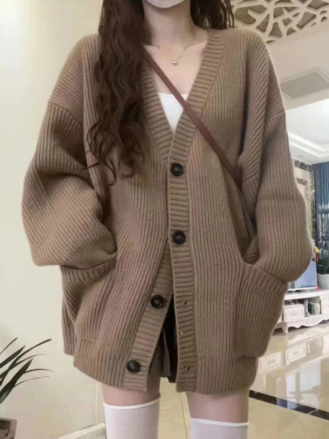 Gray Mid-Length Knitted Sweater Coat Women's Autumn Outerwear Japanese Lazy Vintage Milk System Soft Cozy Open Cardigan