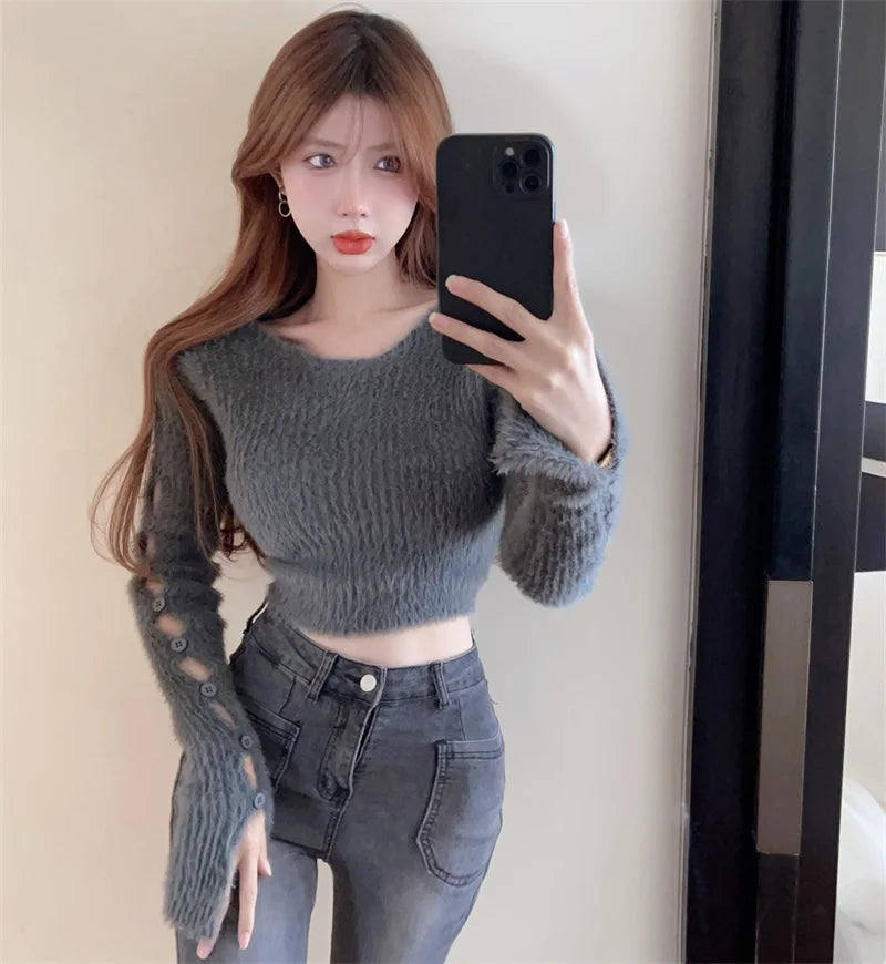 Sexy ort Knitted Sweater Women's Spring Autumn Soft Cozy Design Hole Knitwear Pure Desire Versatile Base Layer ort Top