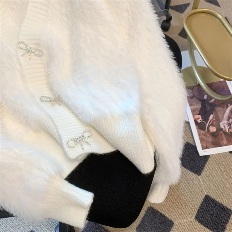 2026 Spring Autumn Women's Sweater Cardigan Jacket New Loose V-neck Imitation Mink Fur Sweater Jacket Female Knitted Tops Coat