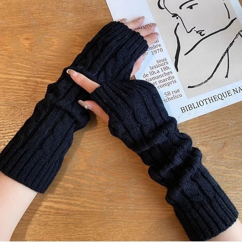 Y2K Knitted Striped Sleeves Gloves Autumn Winter Arm Warmer JK Long Fingerless Solid Colors Gloves Fashion Casual Girls Clothes